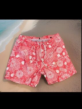 Black Brown: men’s coral Floral Swim Trunks 5” inseam with White Drawstring (L)